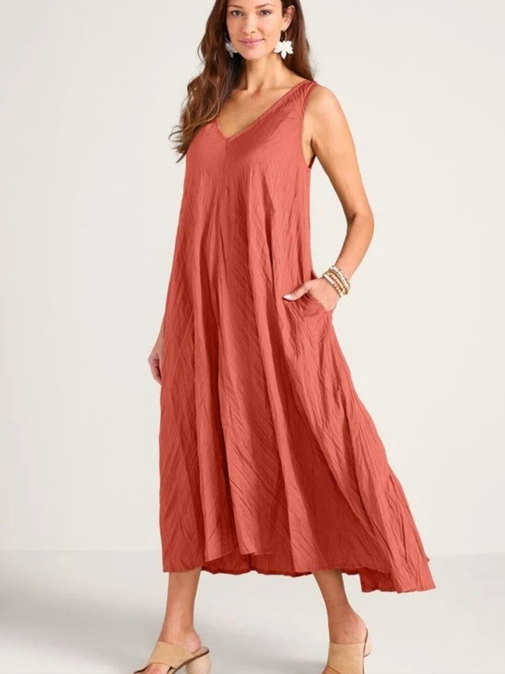 Soft Surroundings Mizu Dress Crinkle Maxi Coral Resort Vacation Sleeveless Small